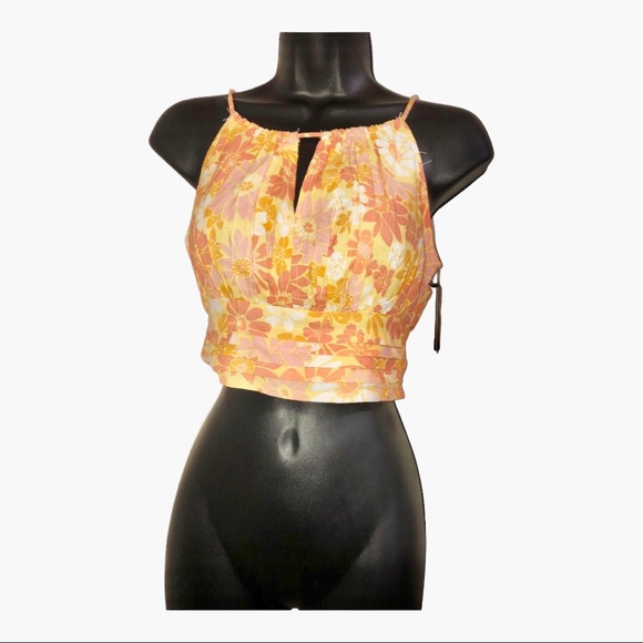 Orange multicolor shirred cutout bust tiered hem cropped halter top size XS new - Picture 6 of 12